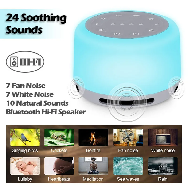 

Smart Bluetooth Speaker with White Noise Generator & Ambient Night Light - 16 Soothing Sounds for Anxiety Relief Sleep Tracker