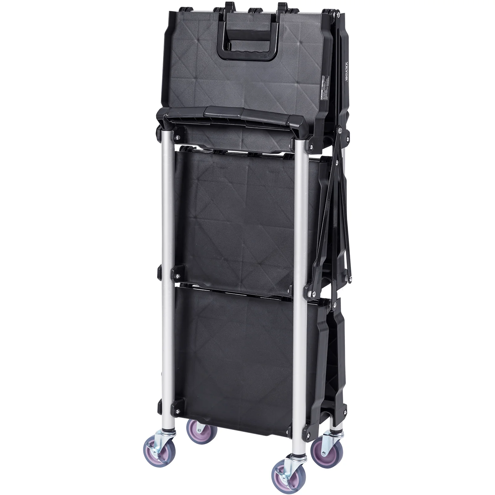 Foldable Utility Service Cart, 3 Shelf 165LBS Heavy Duty Plastic Rolling Cart With Lockable Wheels, Ergonomic Handle
