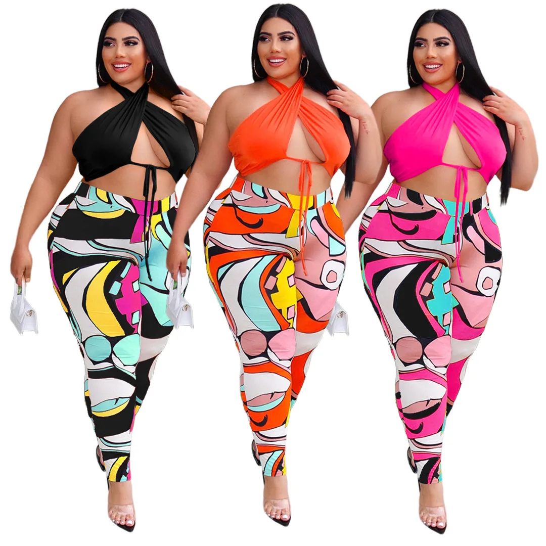 5xl Summer Outfits Sexy Lace Up Top Print Sweatpants Hollow Out Plus Size Two Piece Sets Women Clothing Wholesale Dropshipping