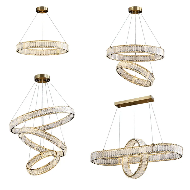 

Simple living room dining room crystal chandelier, light luxury atmosphere, duplex building, ring all copper lamp