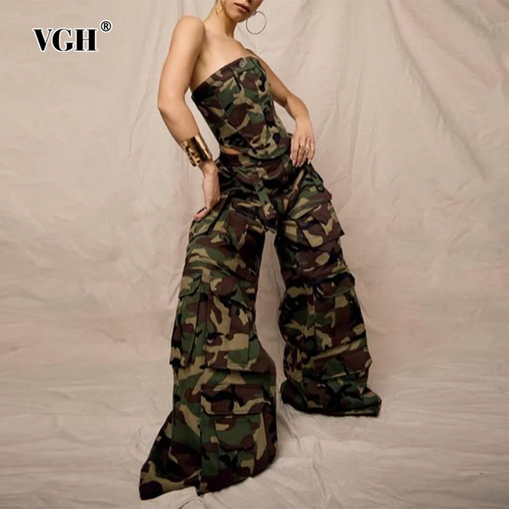 

VGH Colorblack Patchwork Button Jumpsuits For Women Strapless Sleeveless Backless High Waist Spliced Pockets Jumpsuit Female New