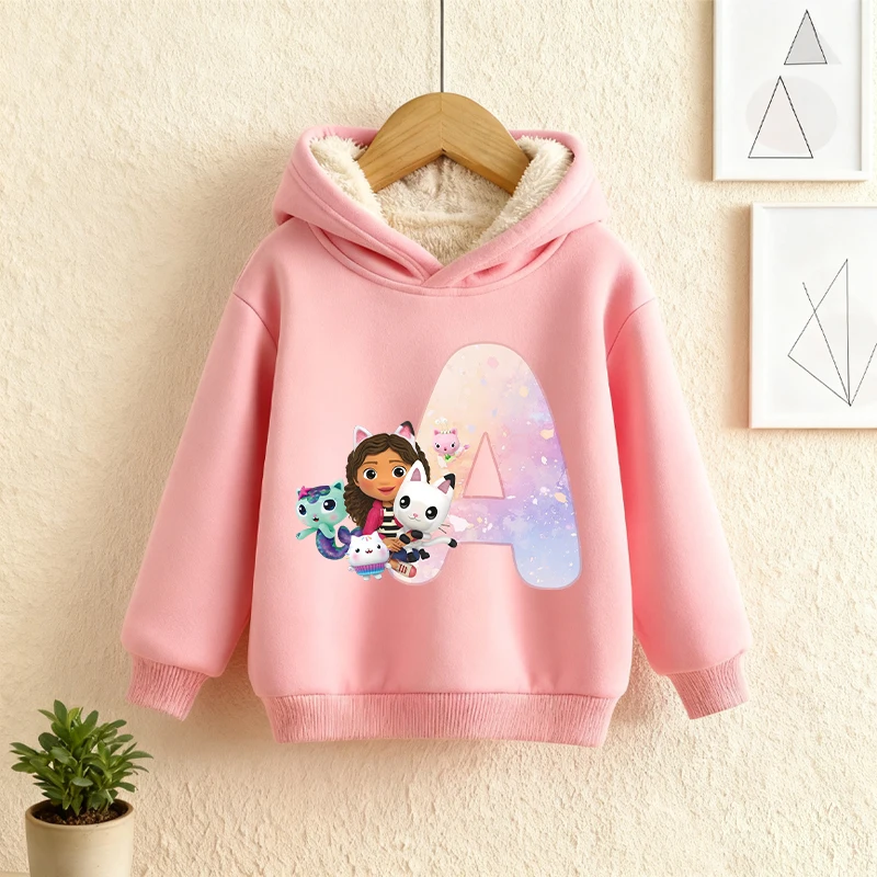 

Gabby Dollhouse Children Sweatshirt Autumn Winter Hooded Soft Fleece Thick Lambswool Clothes Cute Anime Cartoon Girls Tops Gifts