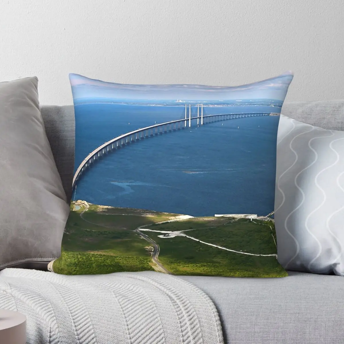 Oresund Bridge To Sweden Square Pillowcase Polyester Linen Velvet Pattern Zip Decorative Home Cushion Cover
