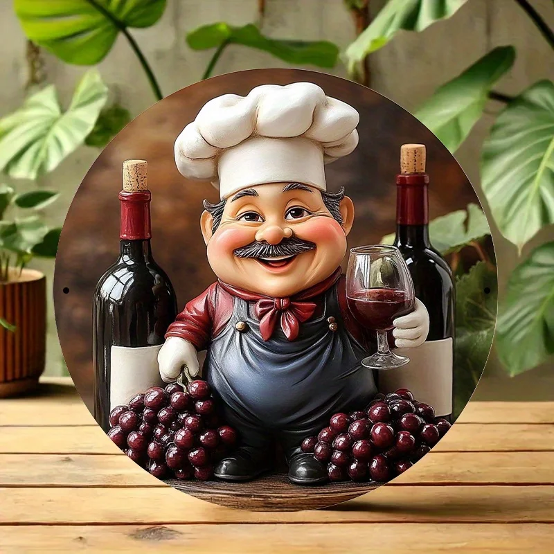 Retro Wine Chef Cartoon Image Wooden Disc 2D Wall Hanging Unique Home Decor Outdoor Photo Background Furniture Art Gift 8Inch