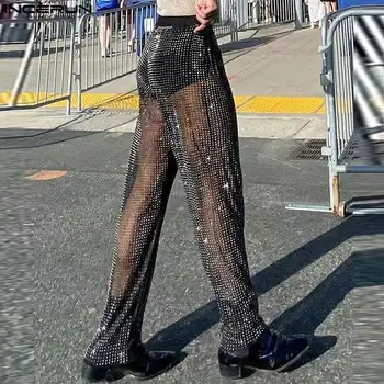 Pantalon en maille transparente brillante pour hommes, taille élastique, mode de fête sexy, fjMen Streetwear, pantalon long décontracté S-5XL INCERUN, 2024