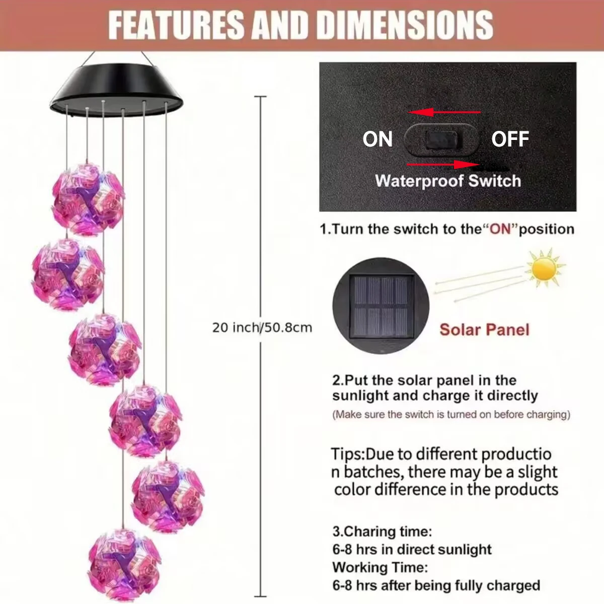 1pc ad energia solare che cambia colore rosa ricamato palla fiore carillon di vento luce notturna esterna impermeabile lampada solare sospesa