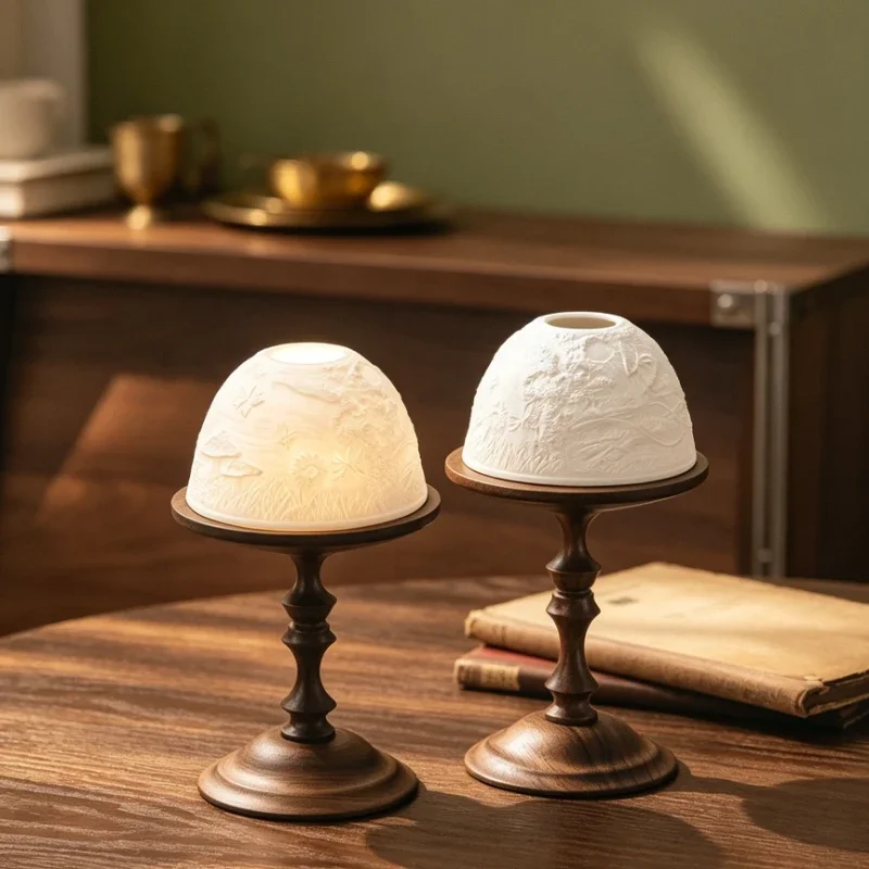 Black Walnut Candle Holder Embossed Ceramic Lampshade Aroma Candlestick Luxury Home Decor for Dining Table and Side Cabinet