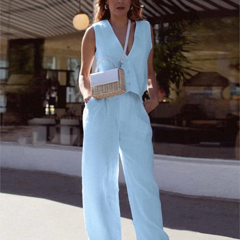 Summer White Linen Two Piece Set For Women 2024 Sleeveless Tank Top In Matching High Waist Wide Pants Set Office Ladies Outfits