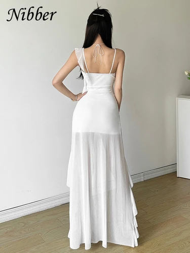 Imagen 2 del producto Nibber blanco dulce suave volantes maduros hermoso verano Street Out mujer perspectiva delgada diseño de borla vestido largo con tirantes