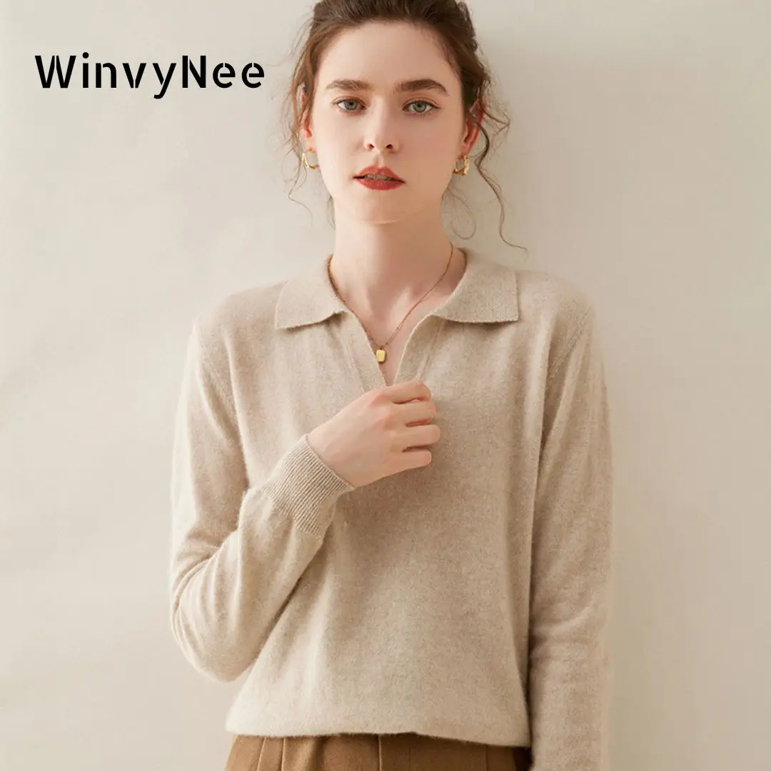 WinvyNee Womans Clothing Cashmere Merino Wool Sweater Casual Polo Neck Solid Tops Casual Pullover Jumpers 2024 Autumn A1054004B