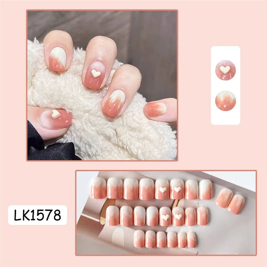 24Pcs/Set White Peach Milk Cap Gradient Love Heart Press on Nail Art French Design Wearing False Nails Full Coverage Fake Nails