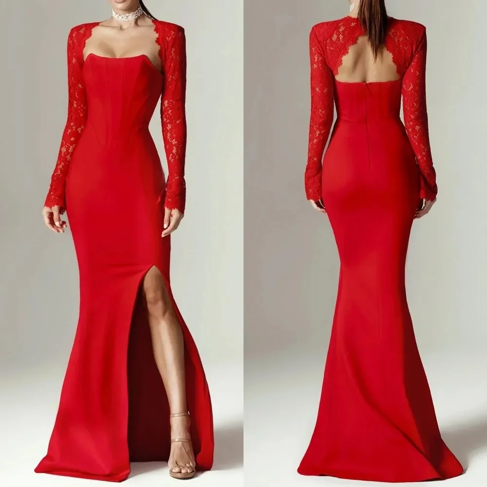 

Elegant Formal Evening Dress With Lace Jacket Strapless Silt Mermaid Prom Pageant Party Gowns Dresses Customized