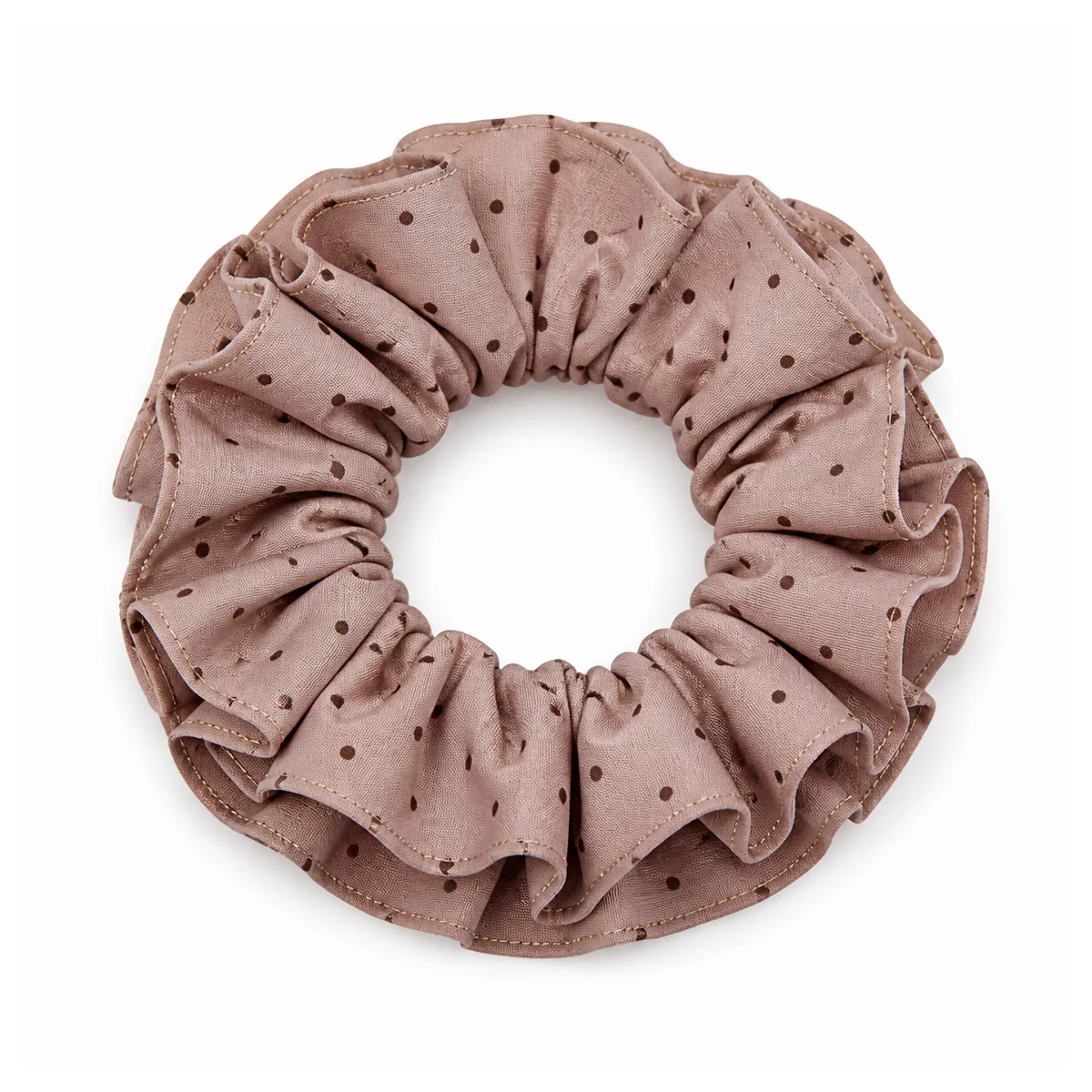 Dusty Rose Beige Dark Brown Polka Dot Ruffled Double-Layer Hair Scrunchie for Ponytails and Buns
