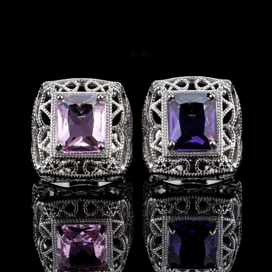 Vintage Hollow Out Square Purple Crystal Rings for Women Charms Hollow Out Pink Diamonds Ring Fashion Wedding Jewelry Gift