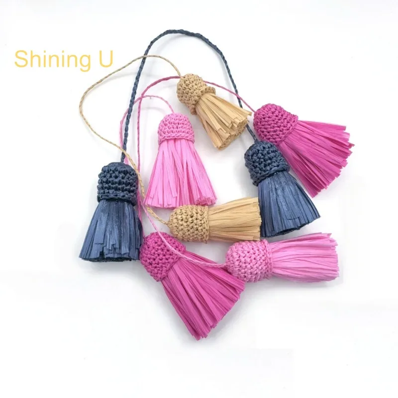 Shining U Raffia Handmade tassel Keychain for Women Bag Charms Fashion Accessory Gift Summer