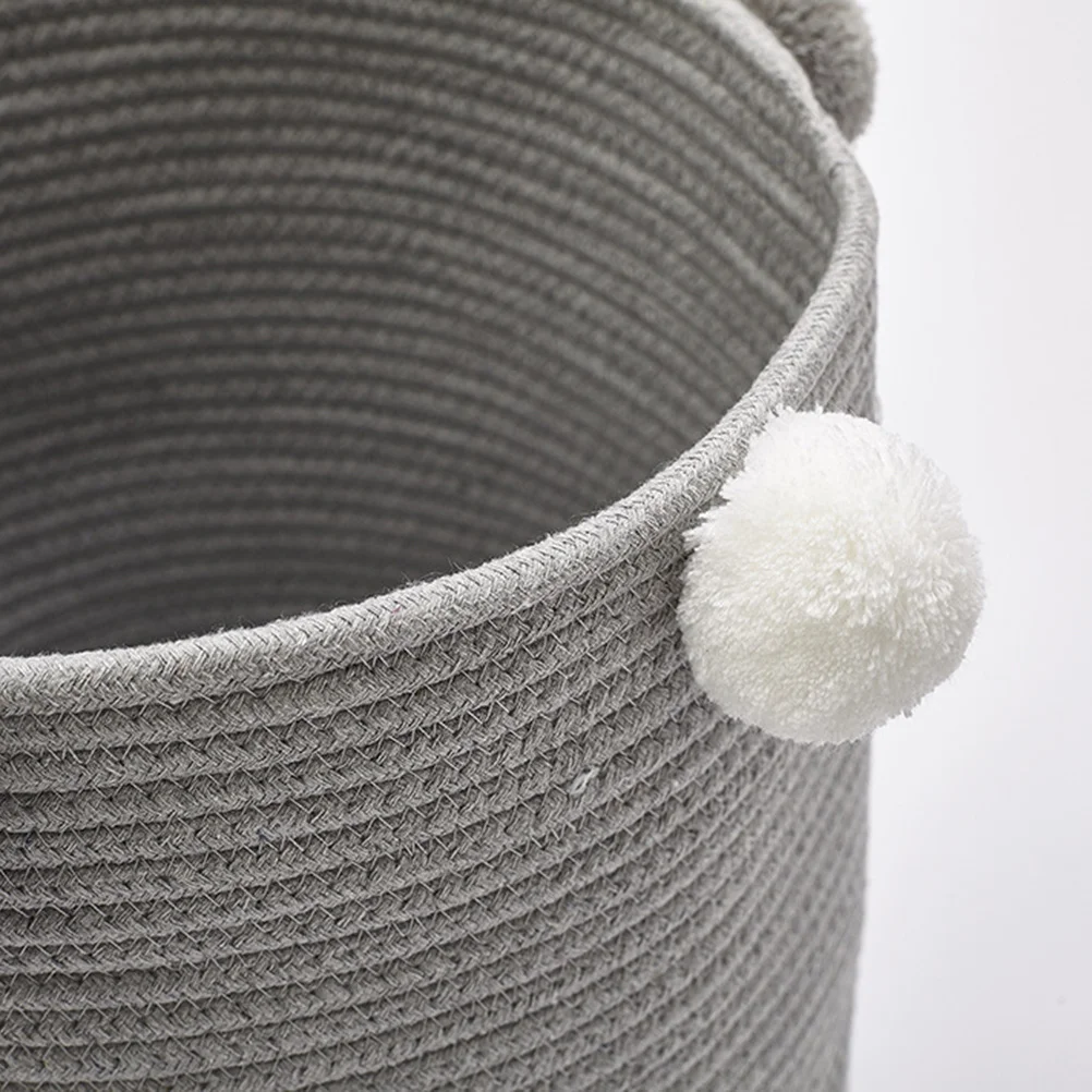 

Large Capacity Round Laundry Basket Light Grey Pom Decor Cotton Clothes Storage Organizer Dustproof Hamper for Bedroom