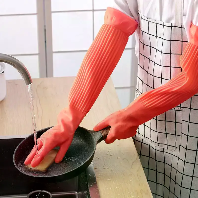 Long Reusable Rubber Dishwashing Gloves Non-slip Household Cleaning Gloves Kitchen Housework Dishes Cars Gardening Work Gloves