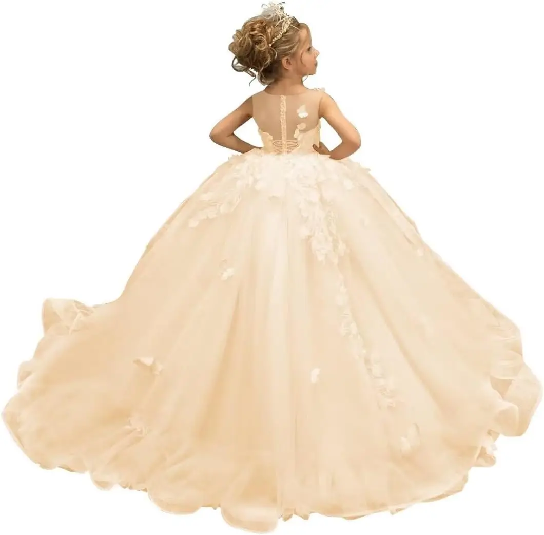 Gaun Komuni Pertama Model A-Line Panjang dengan Bahan Tulle, Model Off Shoulder, Hiasan Bunga, Aplikasi Renda Kupu-kupu 3D, Gaun Pesta untuk Anak Perempuan