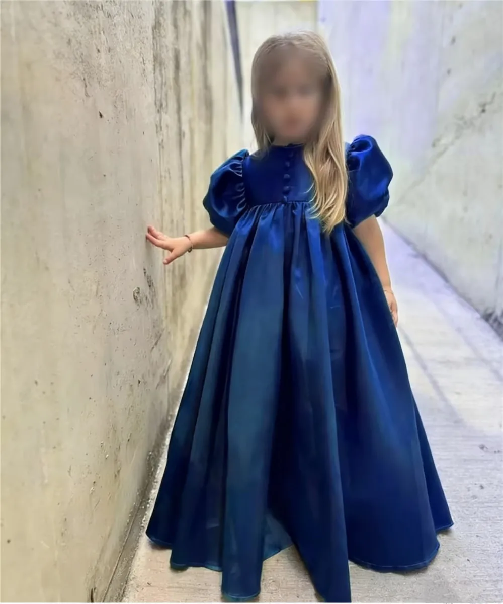 

Elegant Satin Flower Girl Wedding Dress for Little Girls Vintage Puff Sleeve Princess Birthday Party Dress First Communion Gown