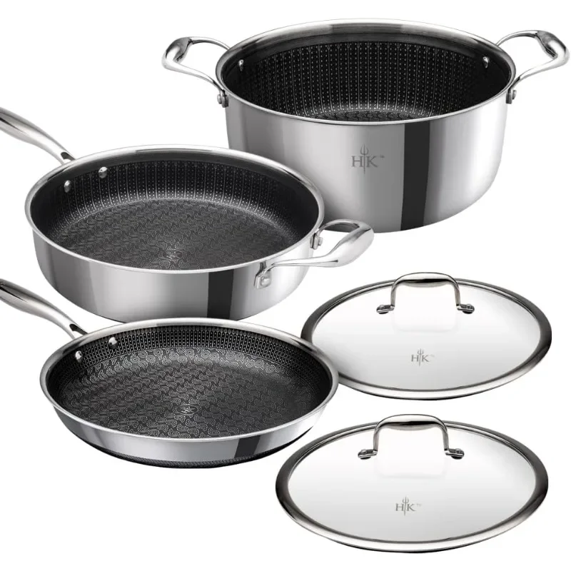 

Hell's Kitchen Hybrid 5 Pc Cookware Set, Tri-Clad Stainless Steel and Nonstick Ceramic PFAS Free Non Toxic Cookware