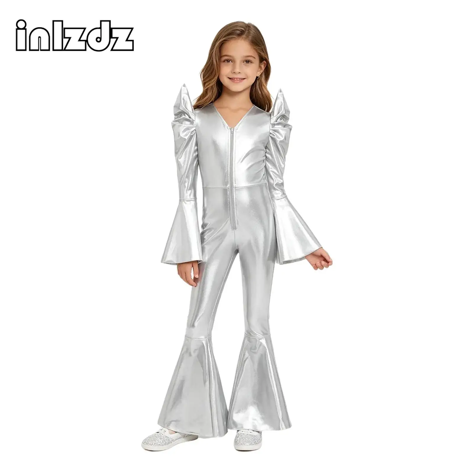 

Kids Girls Shiny 60 70s Disco Costume Metallic Hippie Bodysuit Halloween Carnival Party Hip-hop Dance Jumpsuit Jazz Dancewear