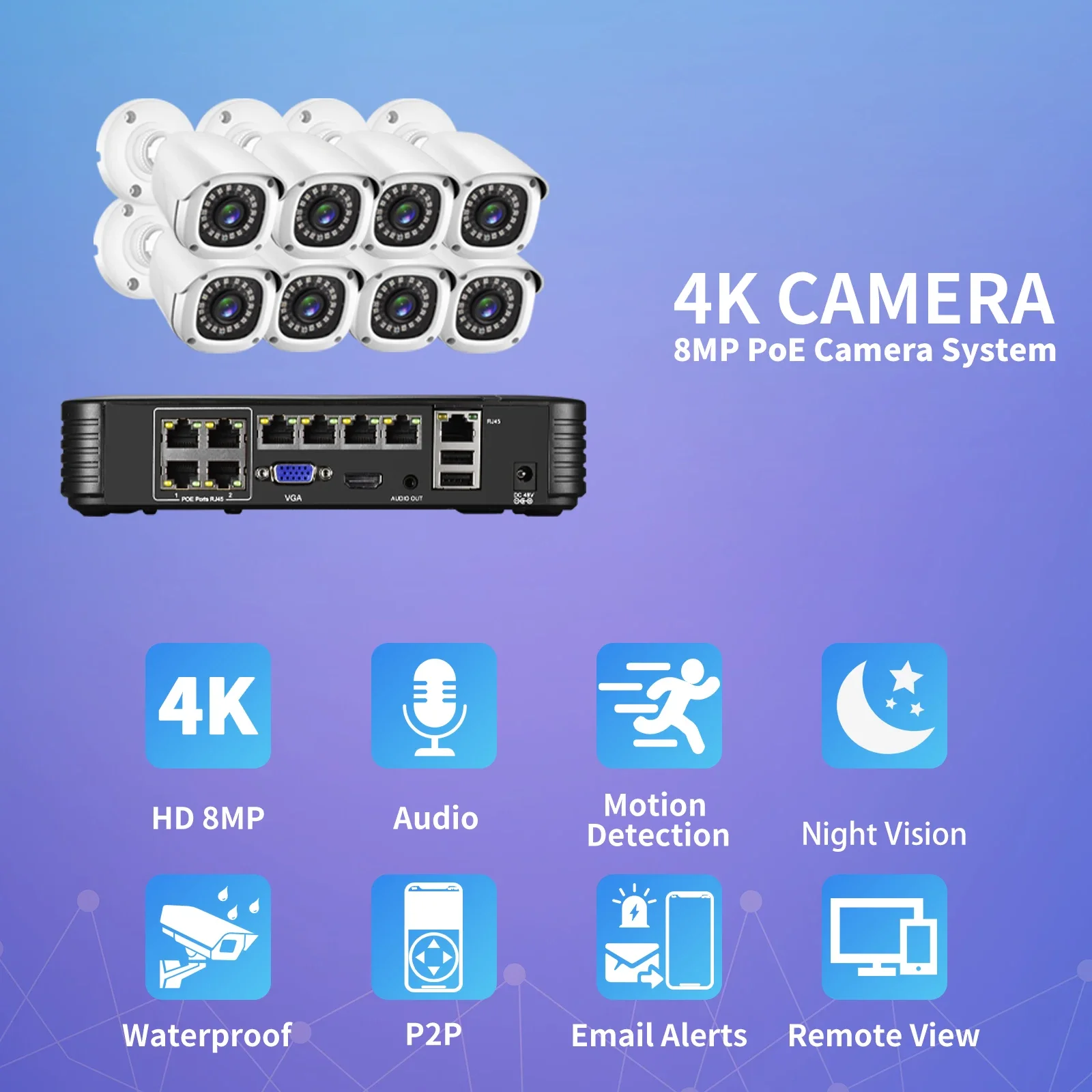 Gadinan 4K 8MP CCTV Security Camera System Motion Detection AI Audio Poe 8CH NVR IP Cameras Set ONVLF IR-Cut Night Vision XMEye