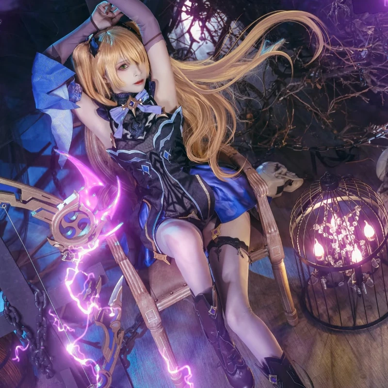 أزياء لعبة Genshin Impact Fischl التأثيرية أزياء Prinzessin الموحدة على طراز الرسوم المتحركة للنساء شعر مستعار ذهبي مجموعة كاملة من موافعات حفلات الهالوين