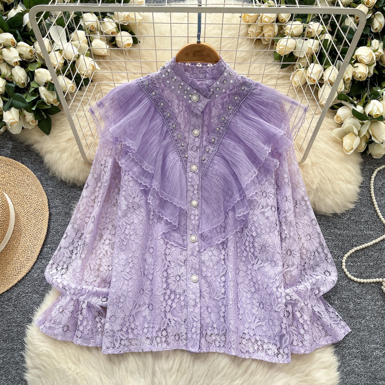 

Vintage Elegant rhinestone lace button Blouse Fashion Shirt Chic Top hotsweet Fairy Summer Women Shirt