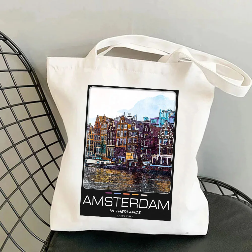 Amsterdam Barcelona Lisbon Women Canvas Shoulder Bags Harajuku Handbags Totes Eco Shopper Reusable Cotton Foldable Shopping Bags