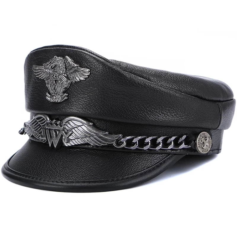 Genuine leather navy hat for men and women in autumn and winter, fashionable motorcycle punk style, short brimmed flat hat