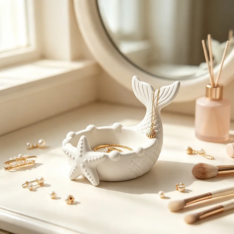 3Dプリントされた白い人魚の尾の形をした飾り皿、エンボス加工 - 3D Printing Ring Holder のレビューと価格