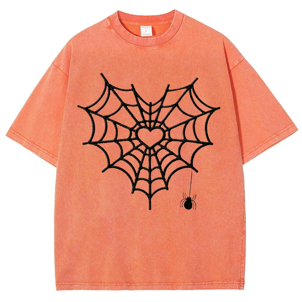 Women Halloween Spider Web Heart Graphic Print Vintage Washed Short Sleeve T Shirt Crew Neck Casual Oversized Purple Top