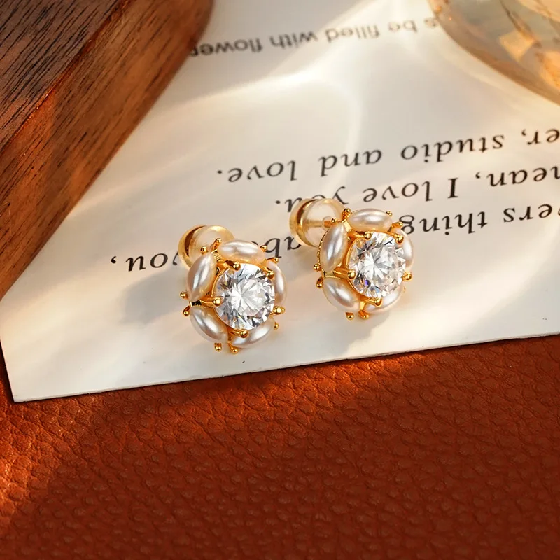 New Arrival Trendy Pearl Crystal Star Flower 14K Gold Filled Ladies Stud Earrings Promotion Jewelry Women Anti Allergy 2027