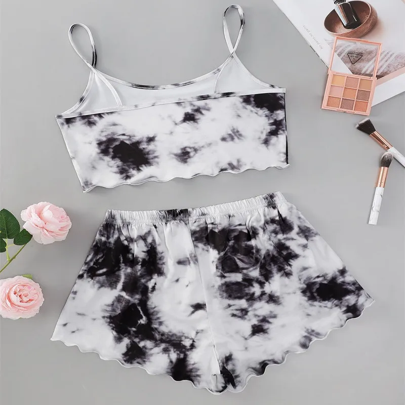 New Tie-Dye English Print Sexy Women Casual Camisole Undershirt Tops Plus Size Shorts Homewear Pajamas Set