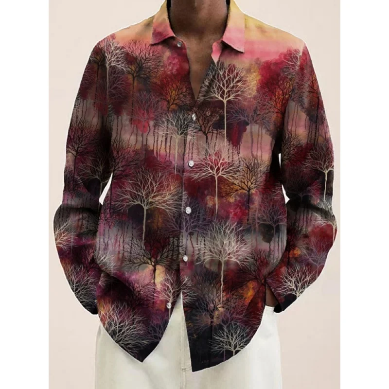 

Мужская рубашка на пуговицах с длинными рукавами в гавайском стиле Late Fall Art Print в богемном праздничном стиле с лацканами, туники большого размера, мужская одежда Femme