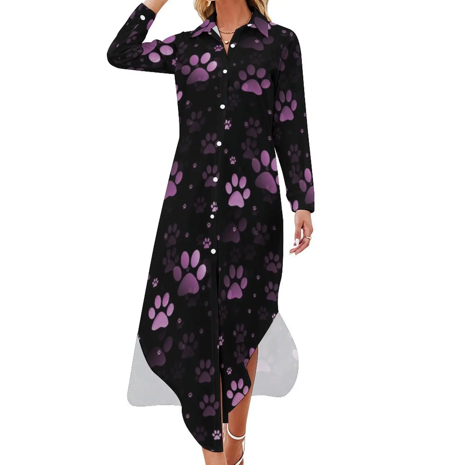 

Pink Paw Prints Long Sleeved Shirt Dress womans clothing Long dress woman