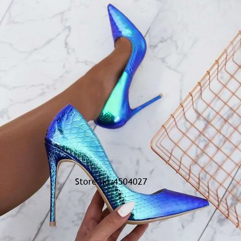 

Блестящие туфли-лодочки с лазерным змеиным узором, сексуальные женские туфли на шпильке с острым носком, меняющие цвет, для вечеринок и свадеб, на высоком каблуке