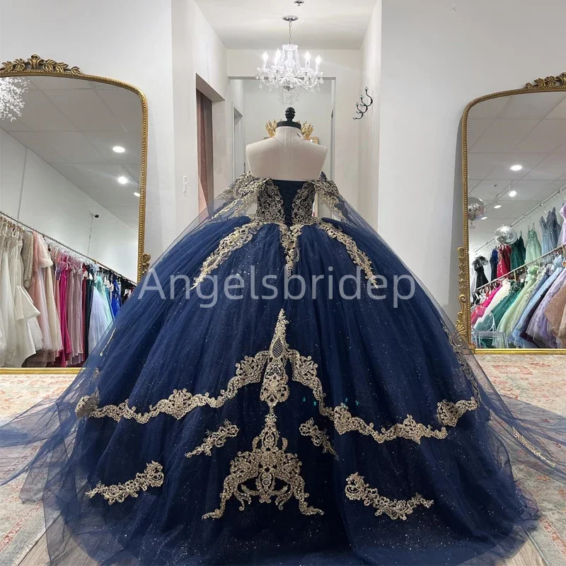 Angels bridep Marineblau Quince anera Kleider für 16 Mädchen von der Schulter Gold Applikationen Perlen Prinzessin Ballkleider Geburtstag Abschluss ball