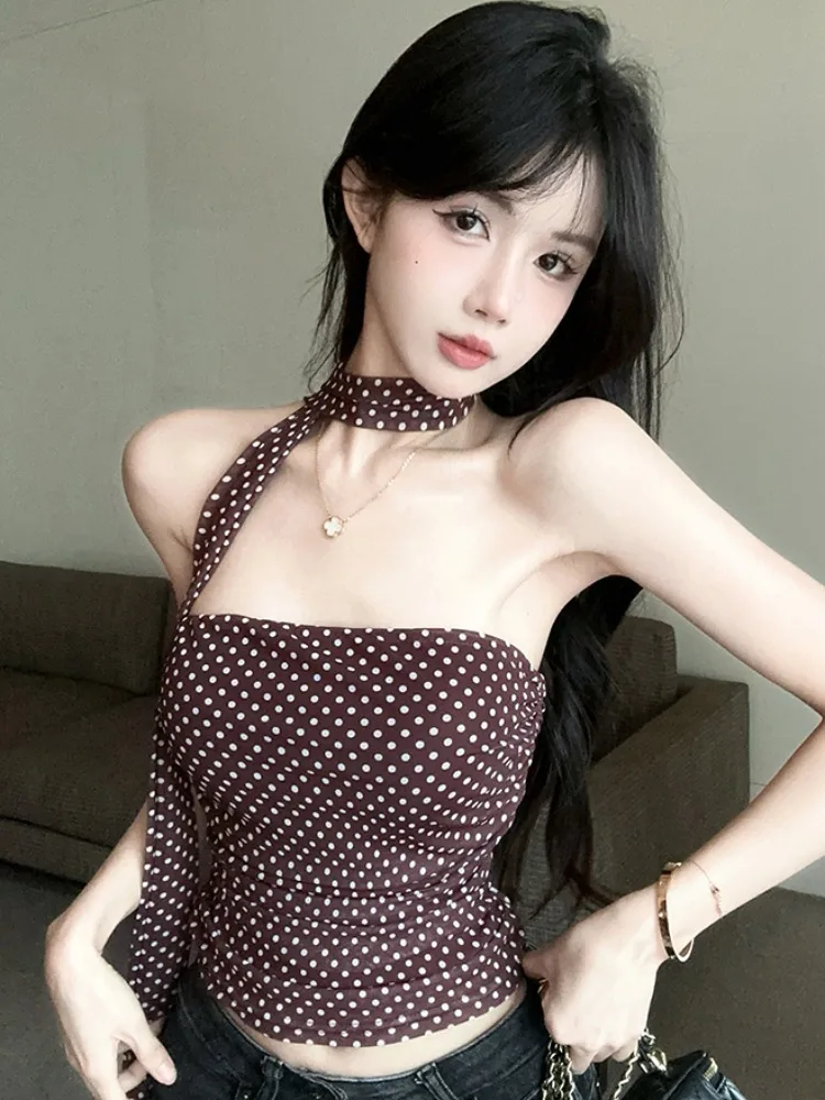 

Spicy Girl Summer New Polka Dot Sash Tube Top Women's Slim Fit Short Shirt One Shoulder Print No Ironing Citywalk Polyester F...