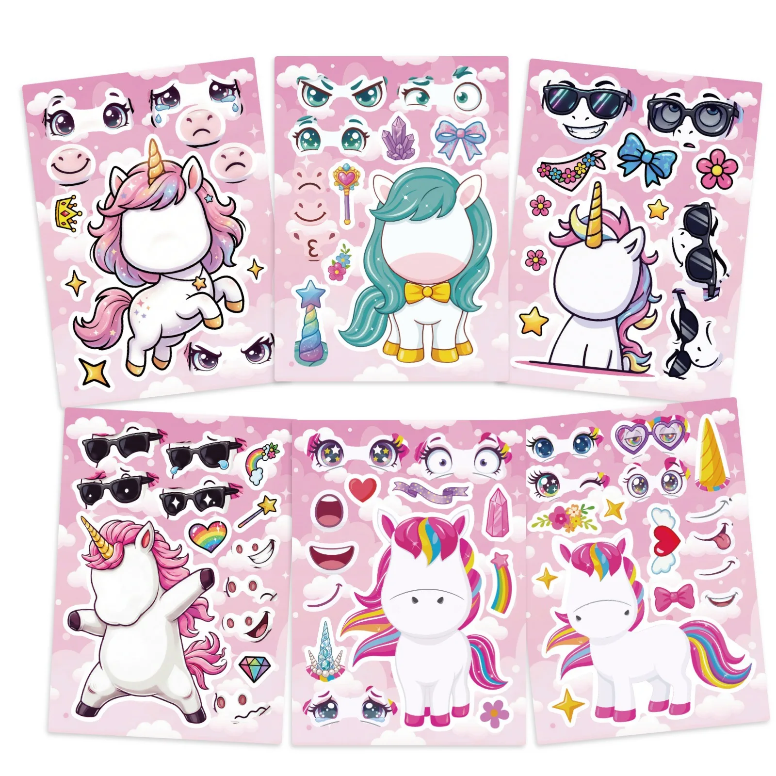 6/12 Blatt Regenbogen-Einhorn-Puzzle-Aufkleber zum Gesichter-Machen, Cartoon-Sticker, DIY-Puzzle-Spiele, Party-Dekoration, Geschenke – Detail 3