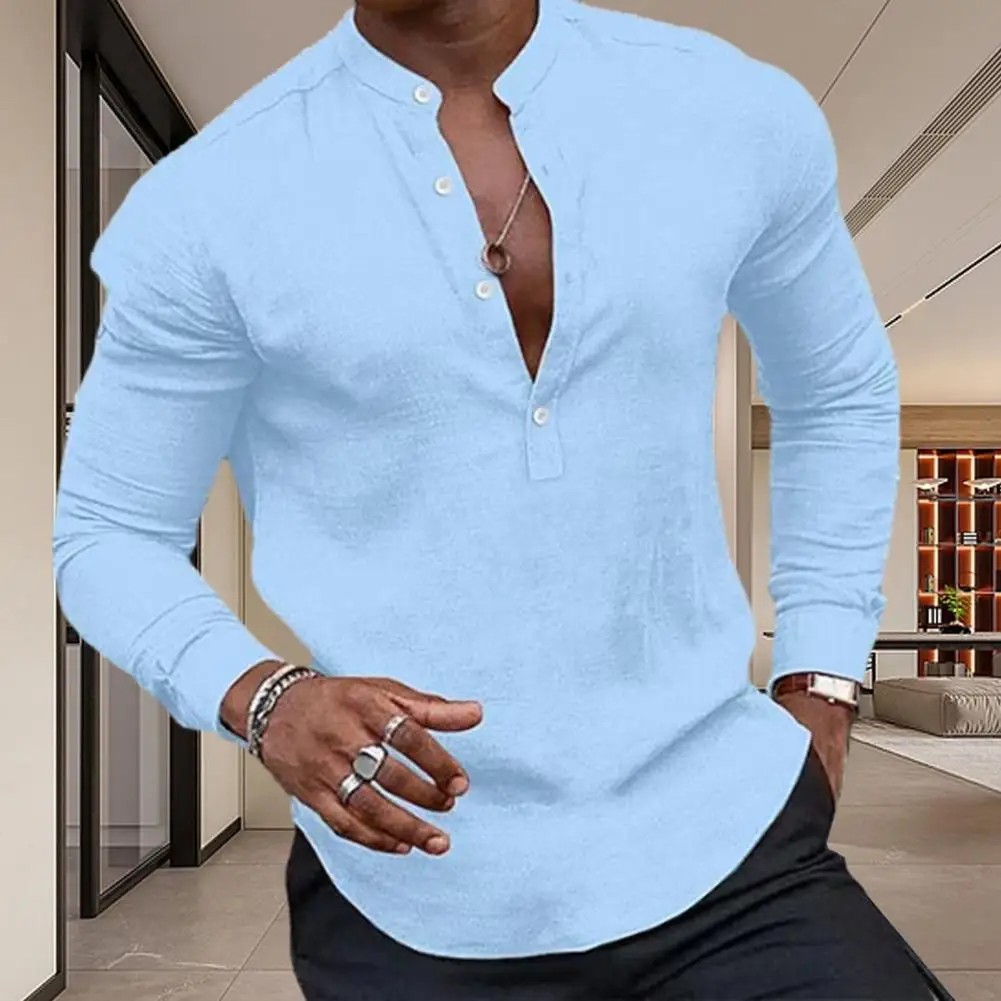 

Spring Fall Men Shirt Solid Color Henry NeckLong Sleeve Casual Shirt Slim Fit Pullover Button Decor Men Business Top