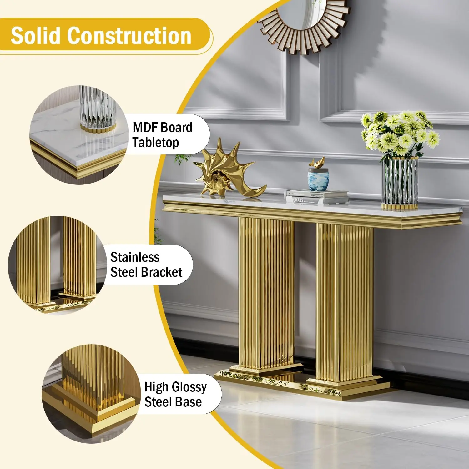 Mesa de console de mármore falso de 47 polegadas com base de aço inoxidável do pilar, mesa estreita retangular do sofá do acento da parte superior de mármore branco