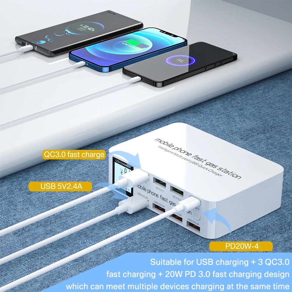 8 Ports USB Fast Charger Quick Charge QC3.0 PD3.0 Multi USB Charging Station LCD Digital Display Fast Charger for iphone Android