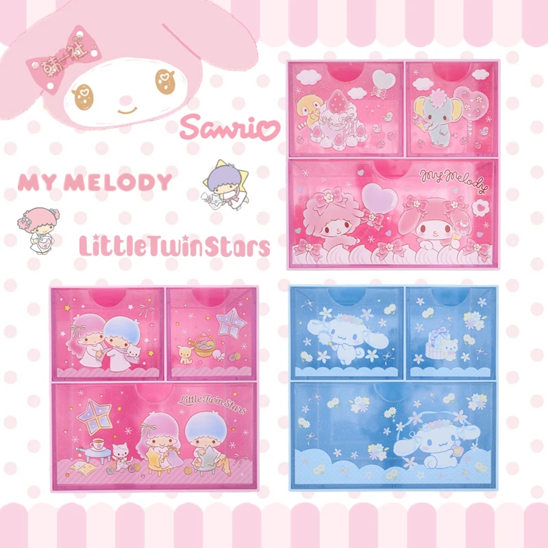 Sanrio Desktop Organizer with Three Drawers, Diversos Organização, Figuras de Anime, Brinquedos para Crianças, Presente, Kuromi, Mymelody, Kuromi