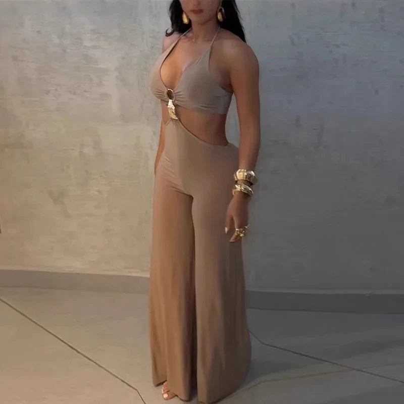 

Summer Backless Fit Pure Playsuits Overalls Elegant Halter Women's High Waist Romper Sexy V-neck Sleeveless Hollow Out Jumpsuits