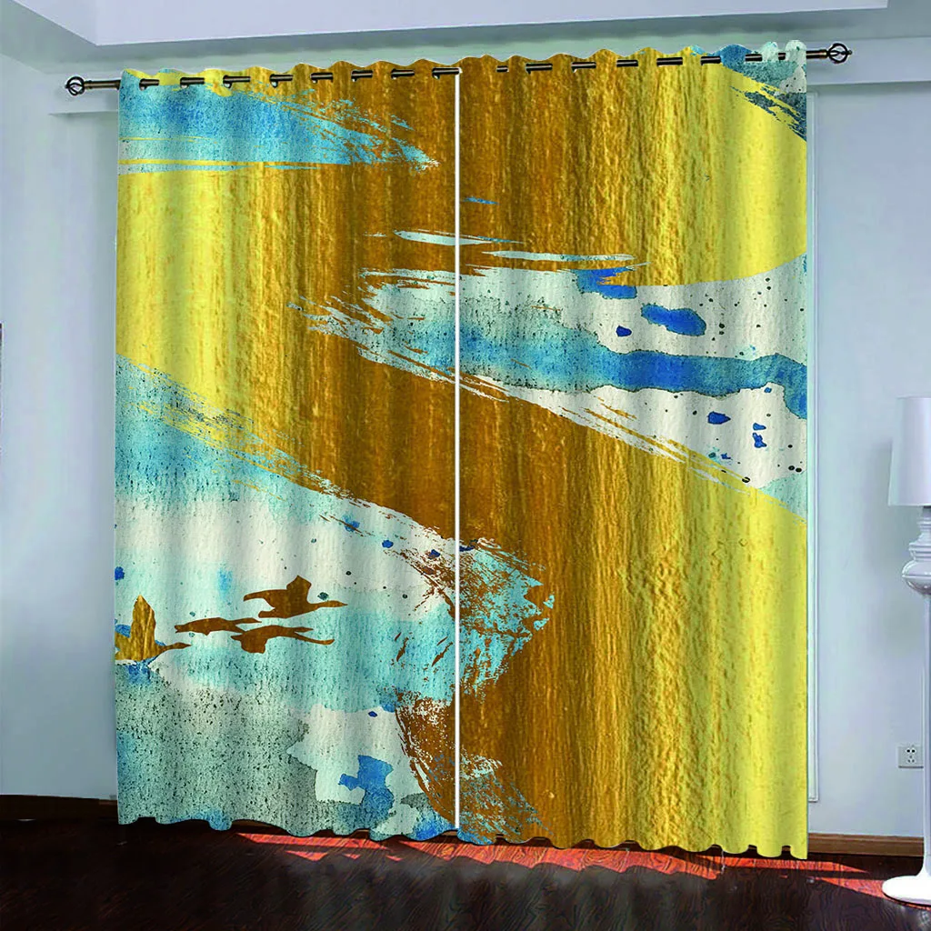 Living Room Curtains 2 Pieces Fashion 3D Gold Art Bird Print Window Blackout Curtains For Bedroom Decoration Hook