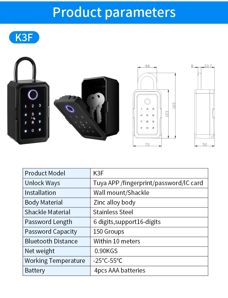 Waterproof Key Safe Box Fingerprint Storage Secret Key Safety Box Support Tuya App TTlock Bluetooth to WiFi Hub Unlock Padlock
