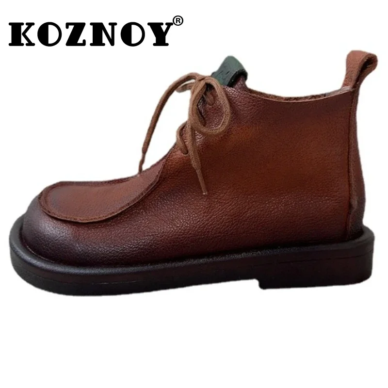 

Koznoy Women Genuine Leather Ankle Boots 3cm 2023 Platform Wedge Booties Autumn Spring Natural Cow Moccasins Cowgirl Flats Shoes