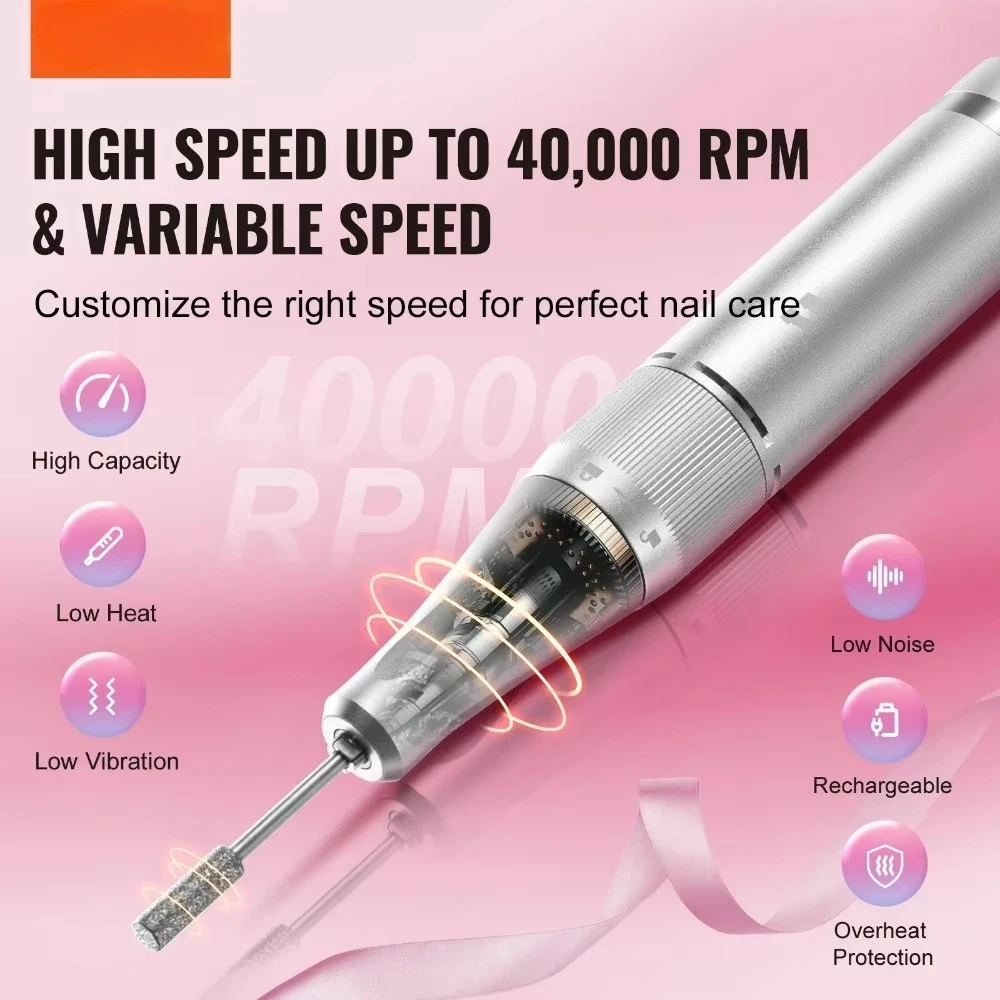 Electric Rechargeable Nail Drill, 40,000RPM Portable Cordless Nail E File Machine, LCD-Display Acrylic Gel Grinder Tool