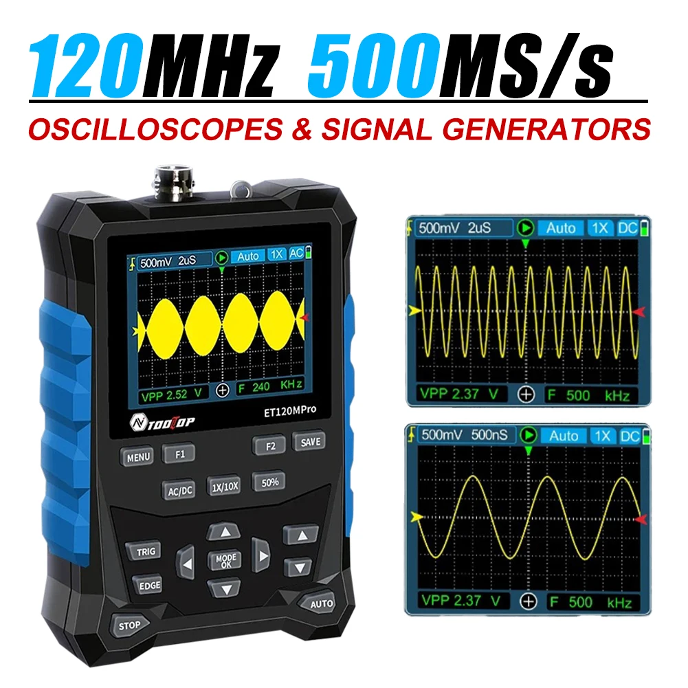 ET120MPro Portable Digital Oscilloscope 120MHz 500MS/s Sampling Rate 3MHz Signal Sources 2 in 1 Oscilloscope DIY Tools